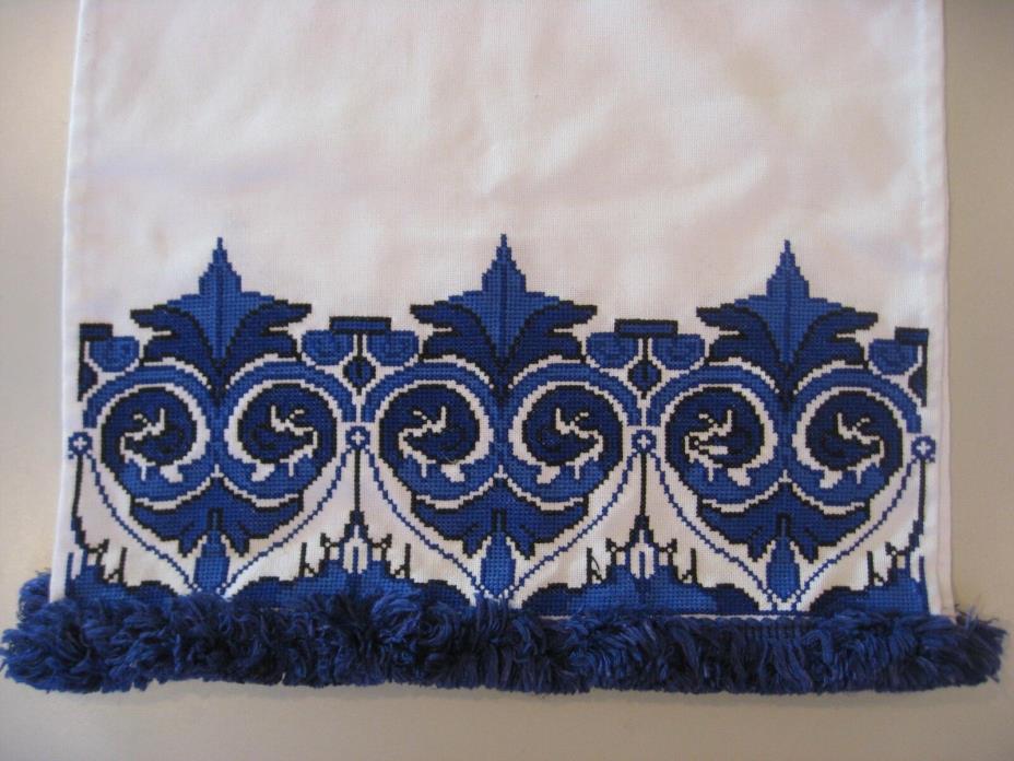 Vintage Hand-Stitched Table Runner White Blue
