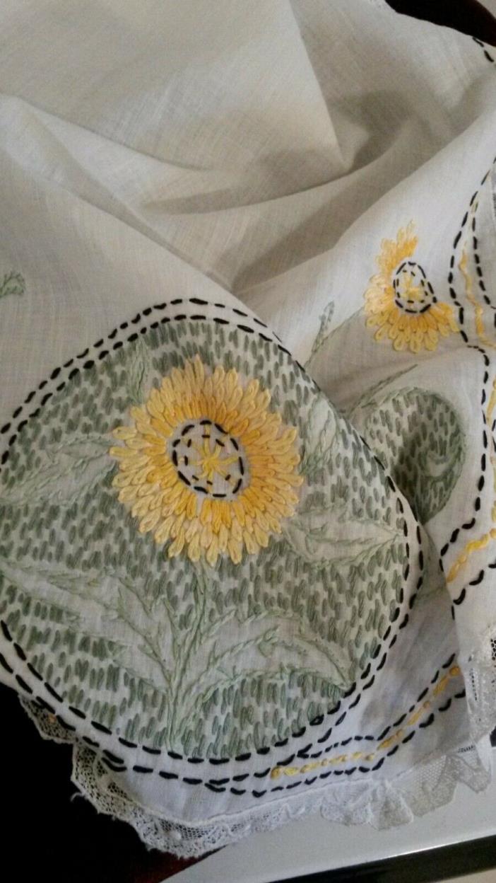 Sunny Personality Yellow Flowers Vntg Hand Embroidered Table Runner OOAK