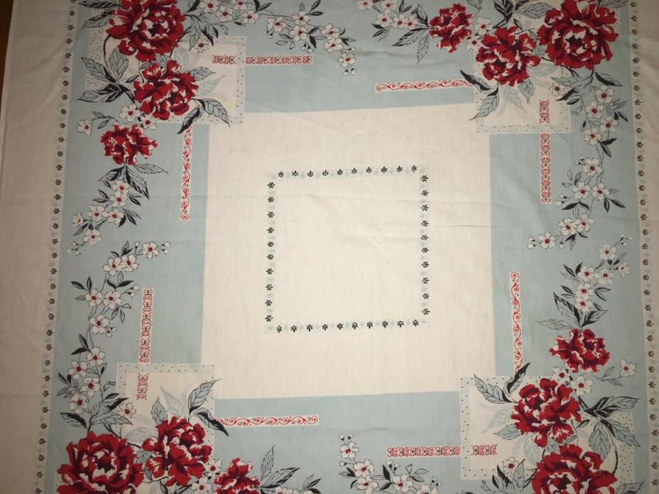 Vintage 1940's Table cloth Pastel Blue and Red Roses Square 43 X 43 inches