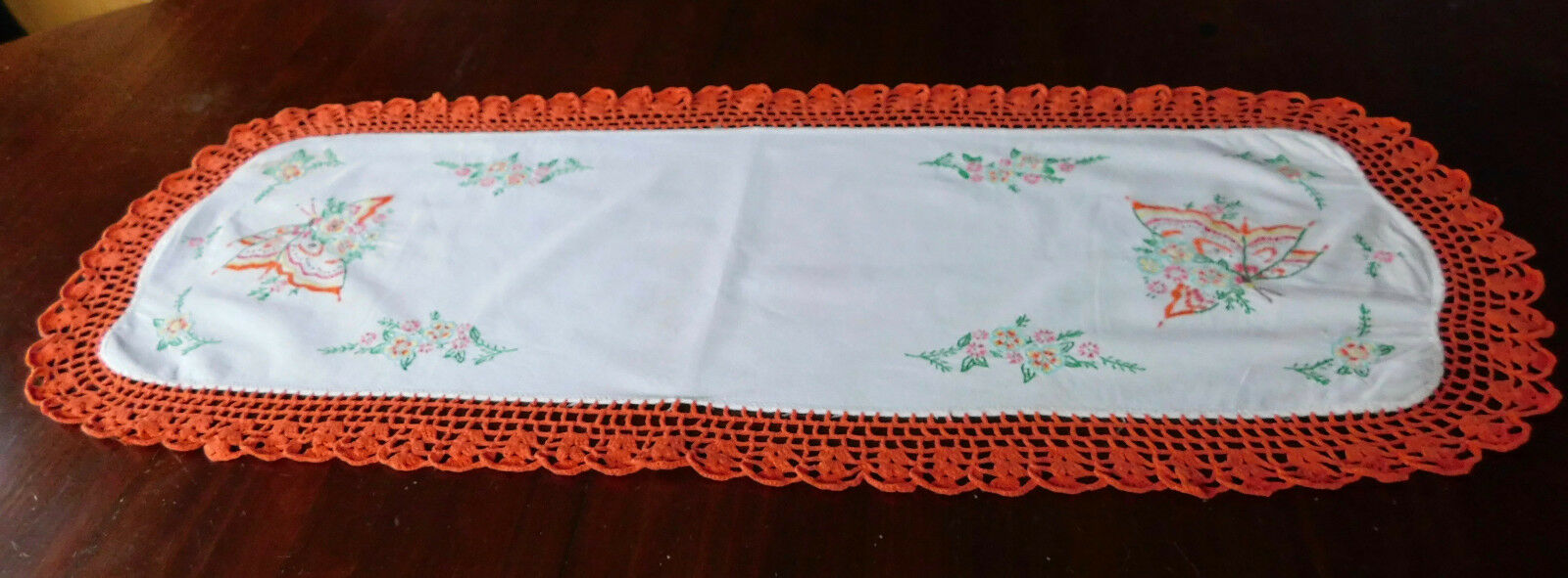 Vintage Hand Embroidered & Crocheted Dresser Scarf Table Runner Butterflies