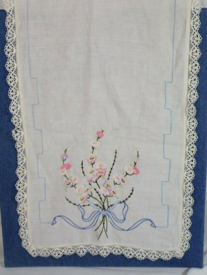 VINTAGE HAND EMBROIDERED COTTON TABLE RUNNER DRESSER SCARF FLOWERS 42X13”