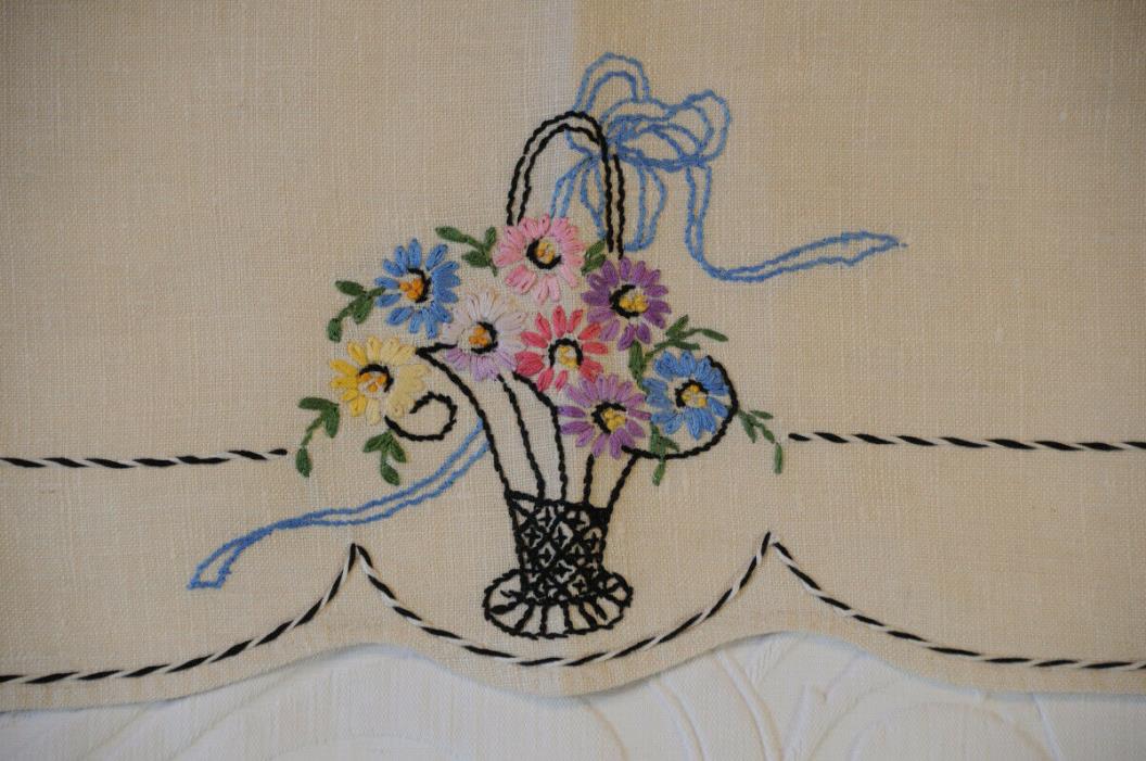 Vintage Linen Table Runner Hand Embroidered Flower Basket
