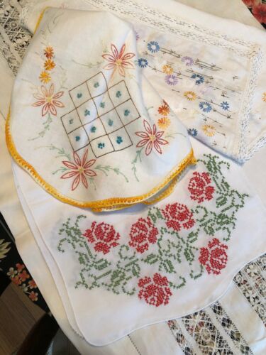 VTG French Knot & Hand Embroidered Crocheted Edge Table Runners  ~ Lot Of 3 BOHO