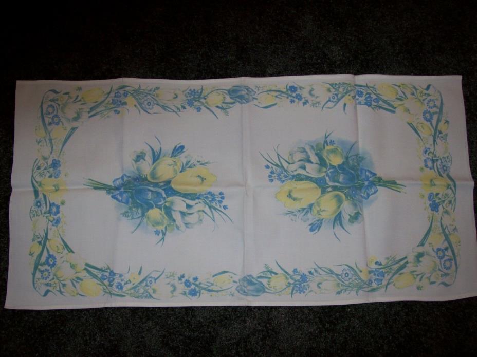Vintage Table Runner/Tea Towel Yellow and Blue Bunches of Tulips