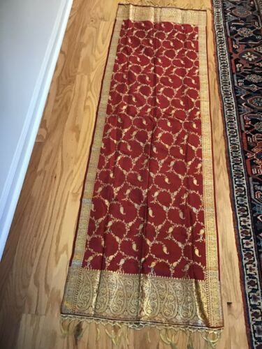 Vintage Asian Inspired Gold Thread Red Table Runner Fringed
