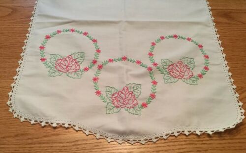 Vintage White Dresser Scarf Table Runner Embroidered Pink Green Roses  Circles