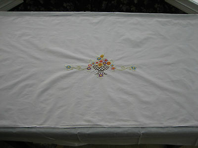 Vintage Table Runner Cloth - Crewel Embroidery Flower Basket Center - 33