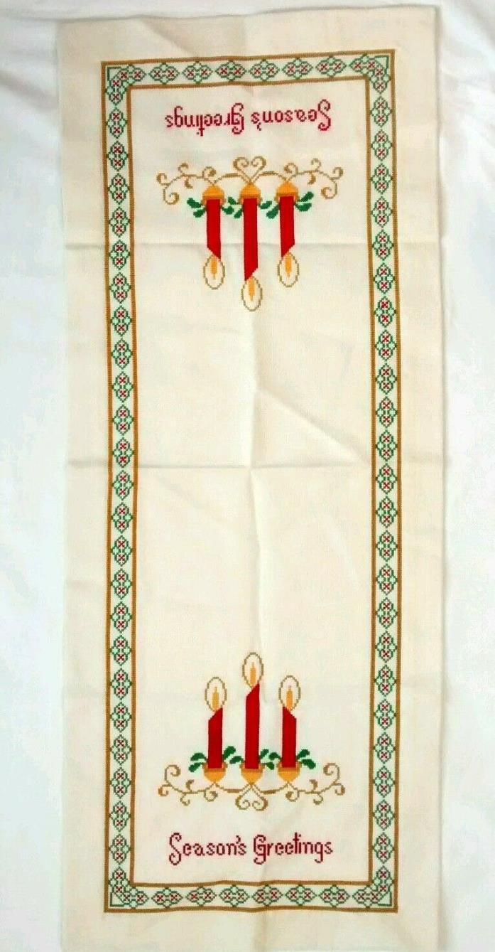 Seasons Greetings Christmas Handmade Completed Cross Stitch Table Runner Holiday