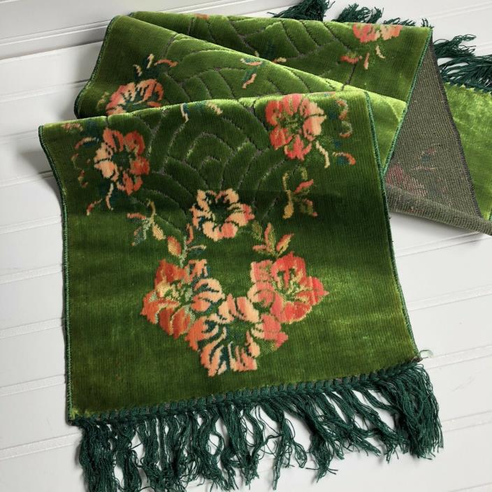 Velvet Made in Italy Fringed Table Runner Piano Scarf Shiny Green Pink Flowers
