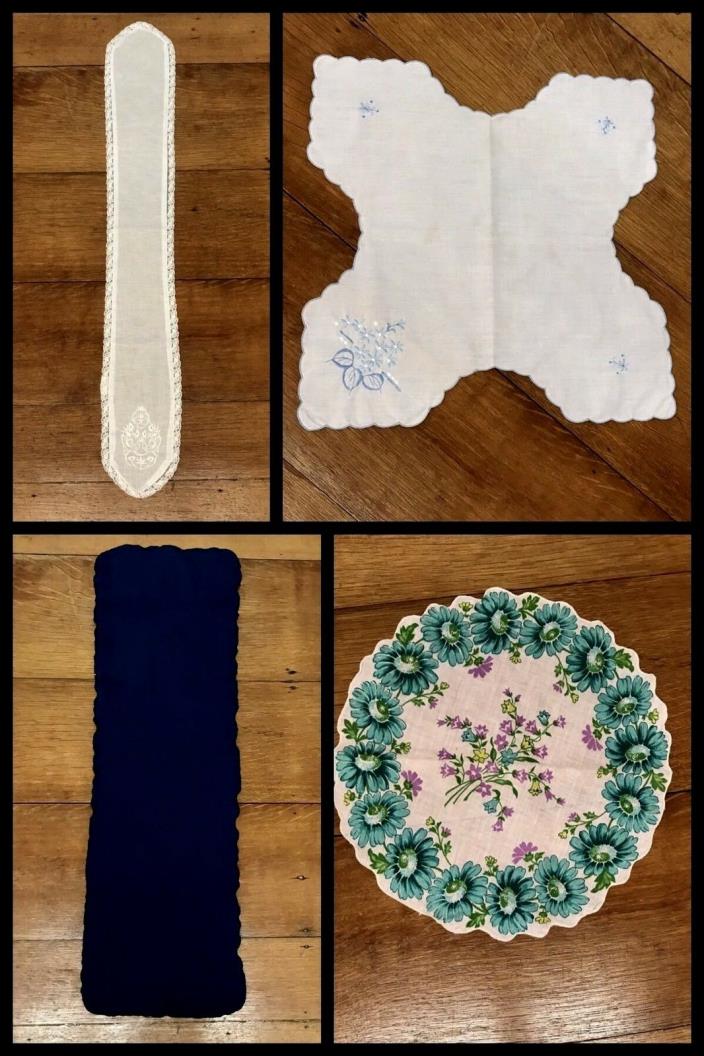 4 Vintage Table Runner Doily Dresser Scarf Embroidered Scallop Floral Lace 1950s
