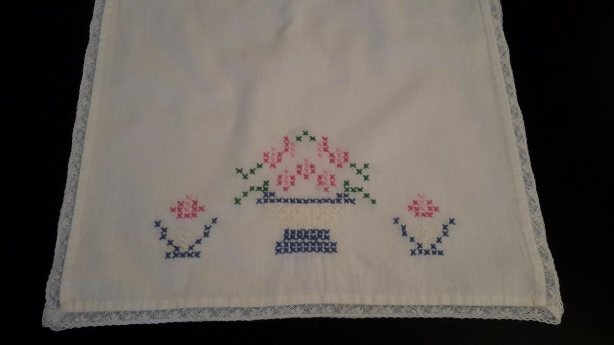 White Vintage Cross Stitch Runner w/Sweet Pink Flowers In Basket - Lace Trim