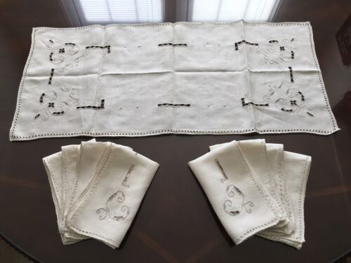 Vintage Table Runner and 8 Napkins Off-White C1930