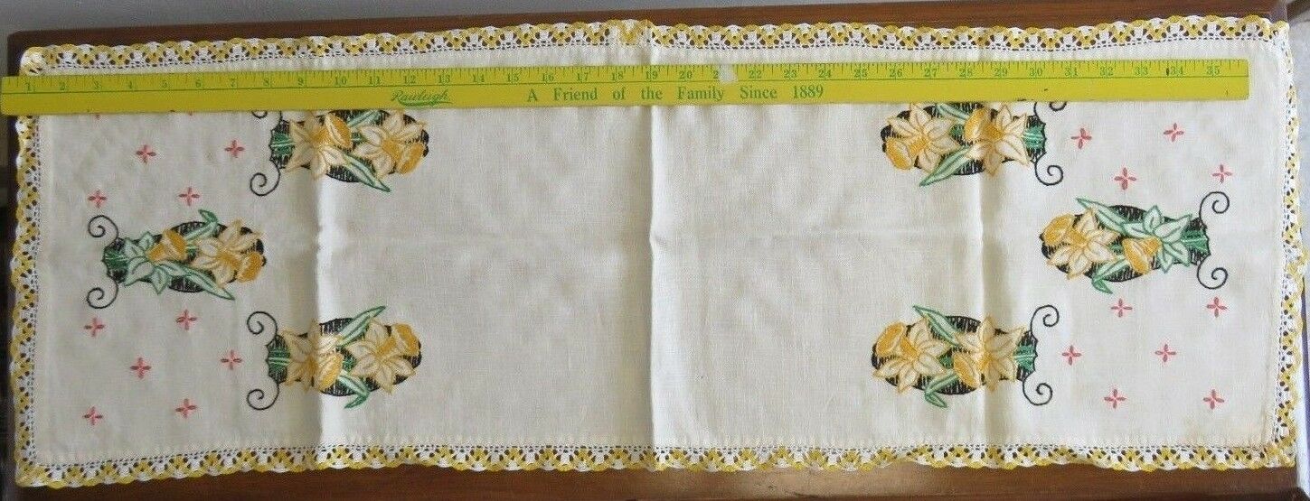 Vintage Linen Embroidered Floral Table Runner w/ Crocheted Edge 36