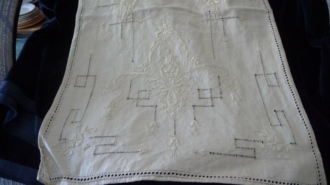#51D vtg Table Runner Off WHITE CUT pulled  EMBROIDERED   52