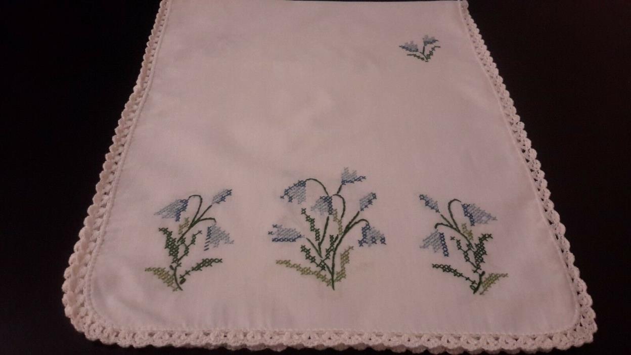 Vintage Lovely White Runner Cross-Sitched Varigated Blue Flowers Crochet Trim