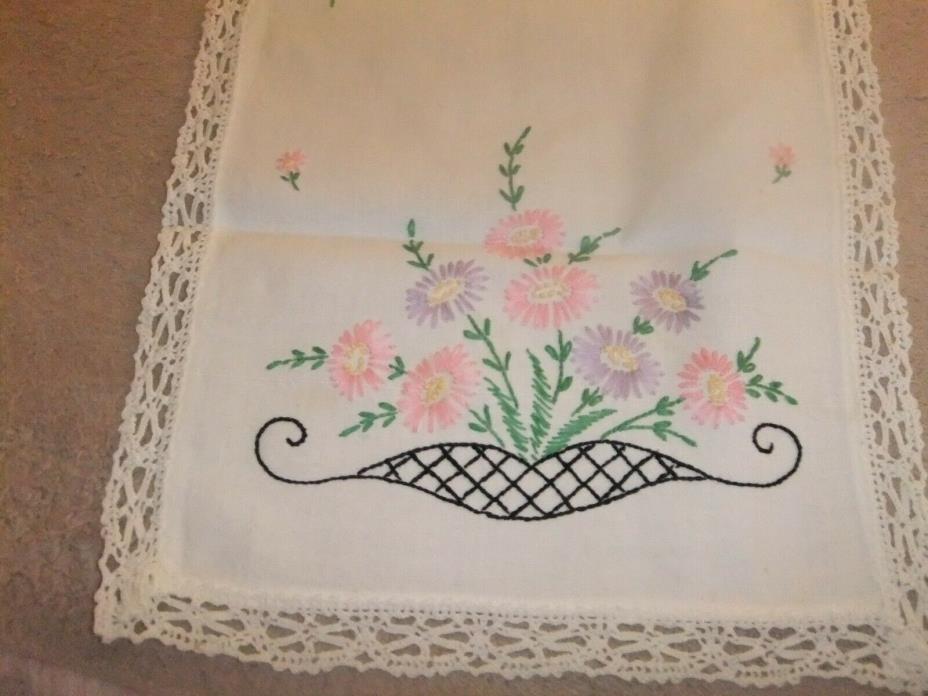 Vintage Table Top/Table Runner White Linen Embroidery Flowers  #7TR