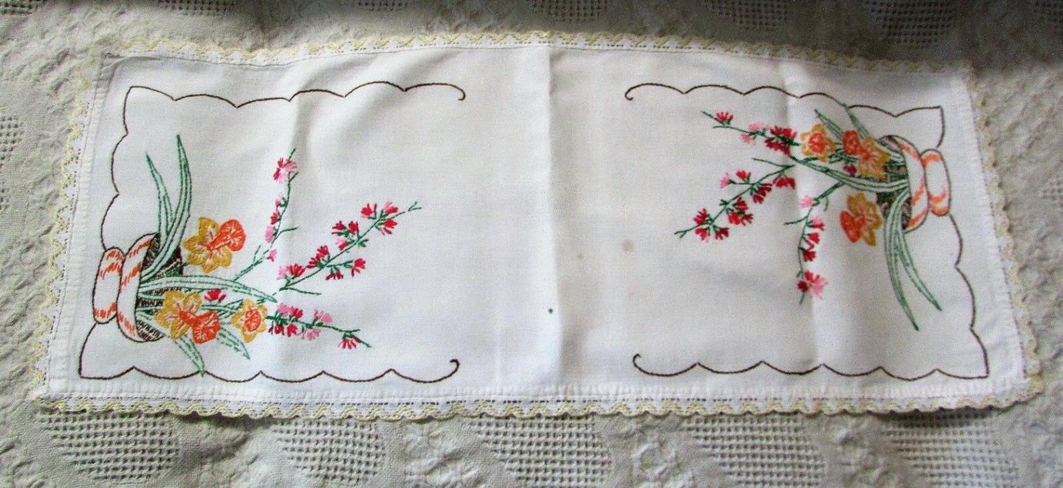 Vintage Dresser Scarf - Table Runner Embroidered Flowers In A Vase