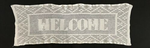 Vtg Hand Made Crochet WELCOME table runner (rectangle oblong) Farmhouse decor