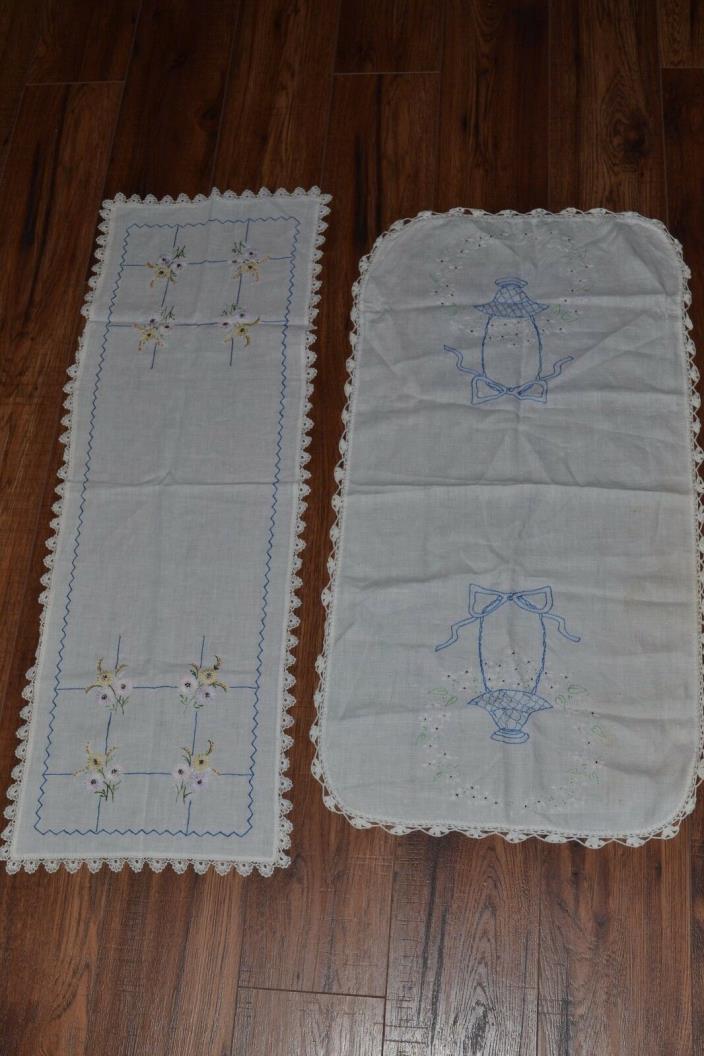 2 VINTAGE HAND EMBROIDERED TABLE RUNNERS CROCHETED EDGES DRESSER SCARF