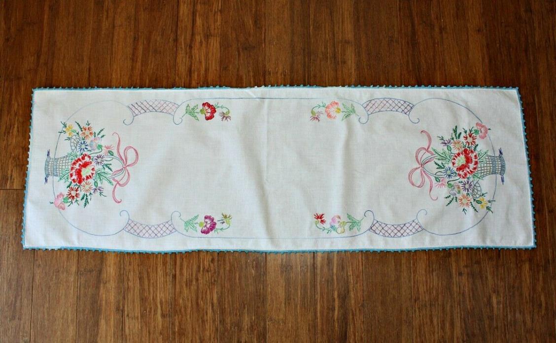 Vintage Embroidered Table Runner / Dresser Scarf Floral / Baskets 41
