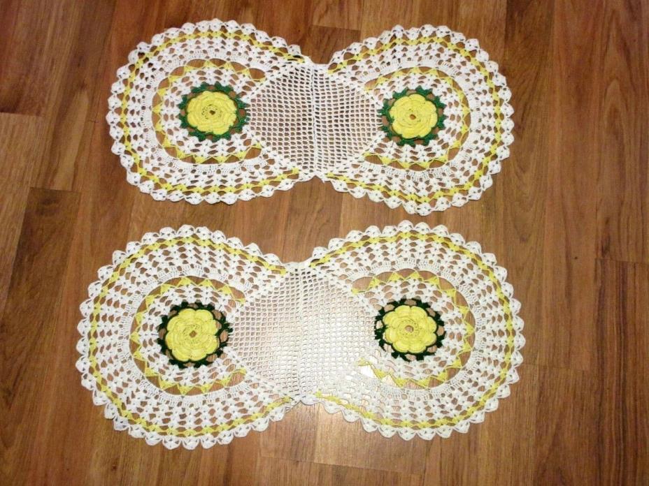 Vintage Pair Hand Crocheted Table Runners Dresser Scarf with Yellow Flower