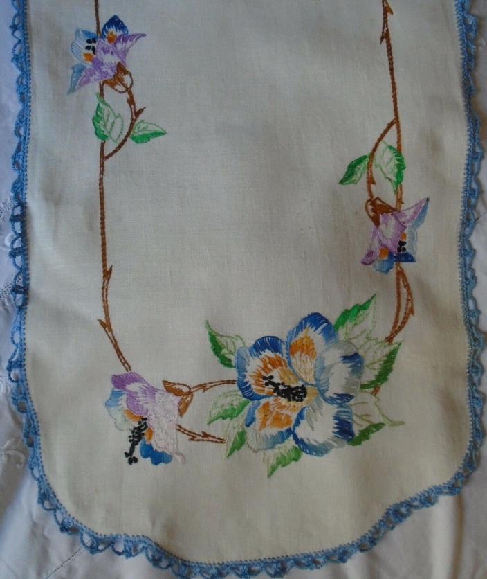 Vintage Linen Table Runner Purple Embroidered Flowers Blue Crochet Lace 40