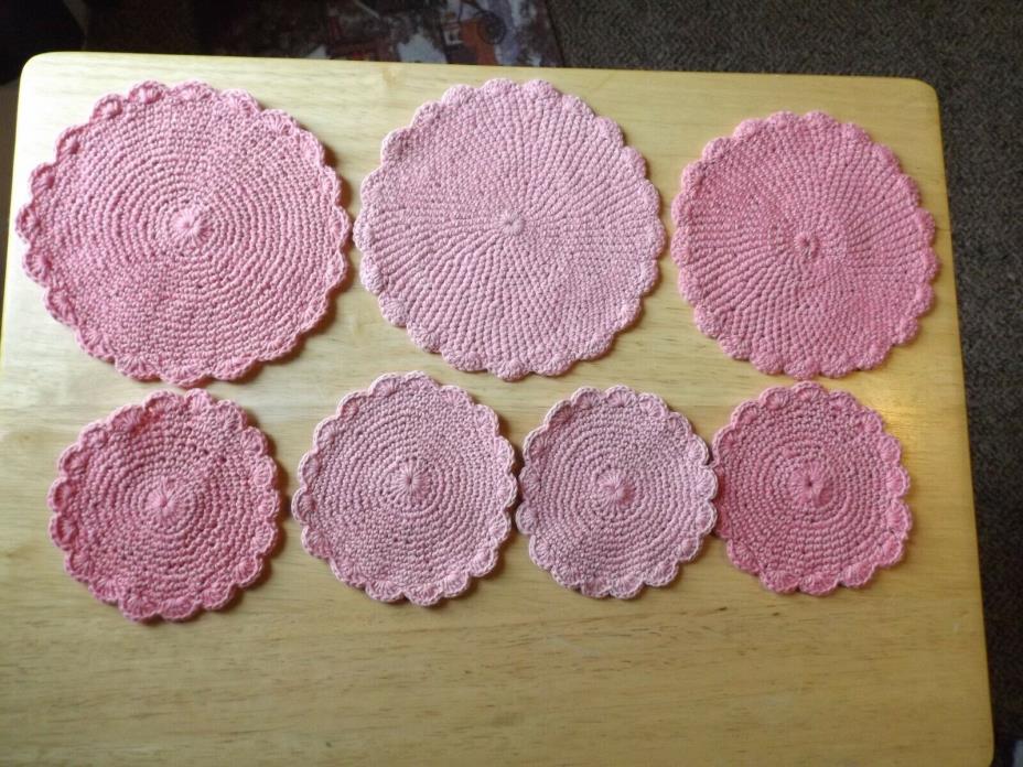 Vtg Lot of 7 Crochet Doily Crocheted Doilies Pink Hot pads