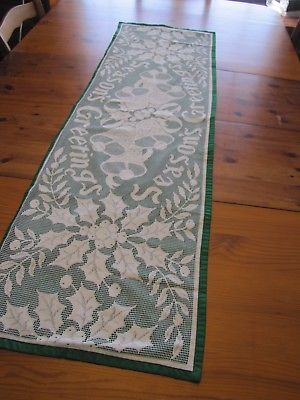 Elegant White Flat Lace Design Green Christmas Holiday Table Runner Centerpiece