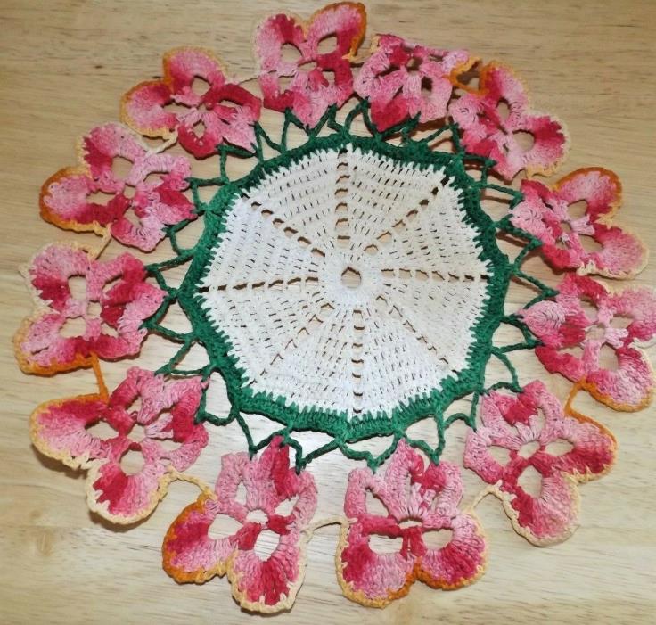 Vtg Round Pink Yellow Pansy Flower Crochet Crocheted Starched Doily 10.5