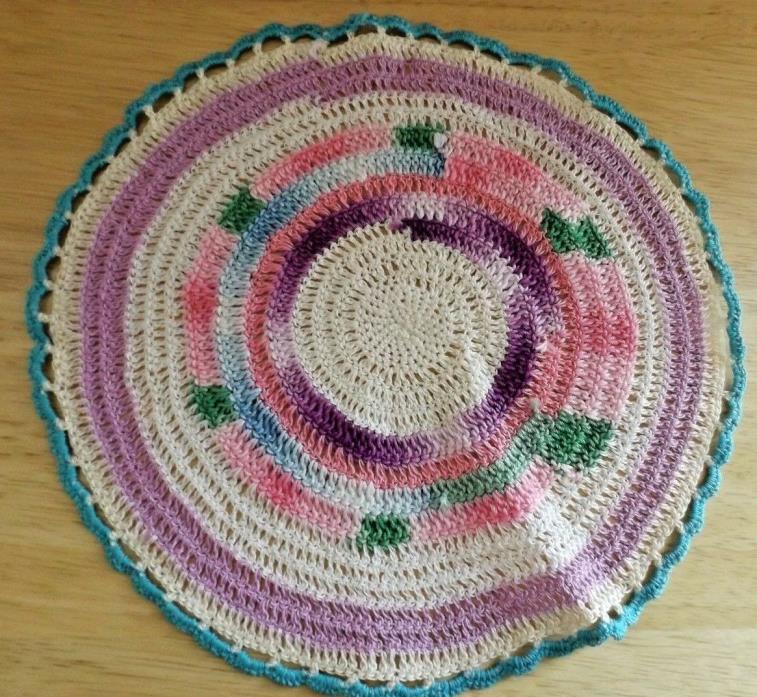 Vtg Round Marbled Varigated Pink Blue Purple Green Crochet Crocheted Doily 8