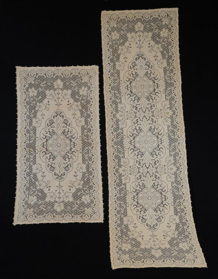 Pair Vintage Unused Tan Cotton Quaker Lace 16 x 57 & 17 x 34 Table Runners -New