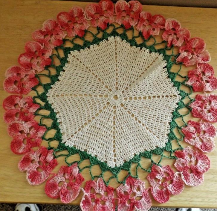 Vtg Round Pink Pansy Flower Crochet Crocheted  Doily 14.5