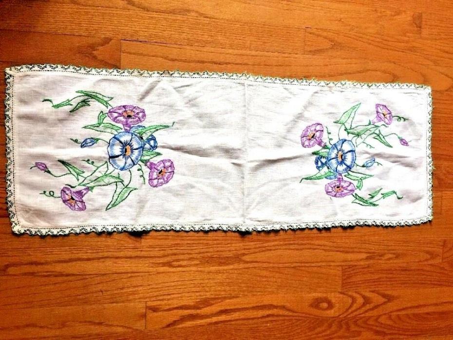 Vintage Hand Embroidered Petunia Morning Glory Linen Table Runner Crocheted Edge