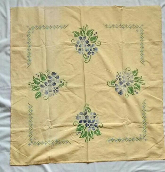 Vintage Handmade Yellow Square Cross Stitch Cotton Floral Tablecloth