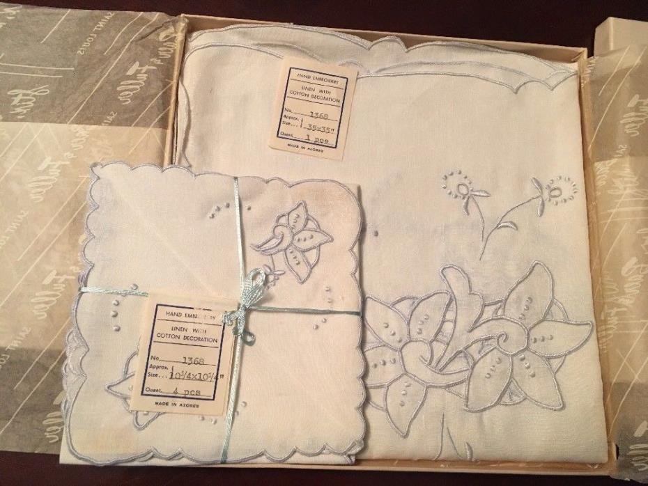 NEW VTG PORTUGAL  HAND EMBROIDERED LINEN TABLECLOTH & NAPKINS 35