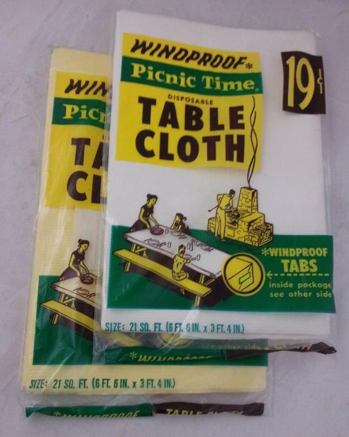 Table Cloth vtg old sealed 60s 70s lot yellow white picnic outdoor decor new USA