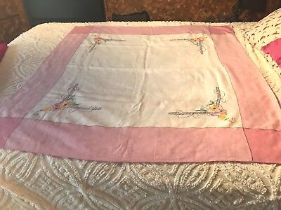 Vintage Homespun Linen Tablecloth Embroidered White Pink Stripe Fabric 50x50