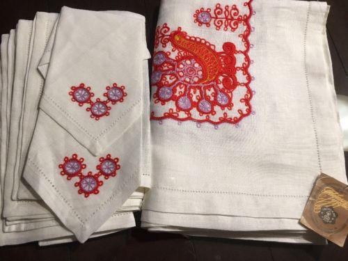 Linen Hand Embroidered in Twer Russian Firebird Table Cover & 12 Napkins*