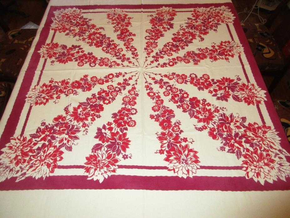 Vintage Red & Purple Brightly Flowered Tablecloth - 47