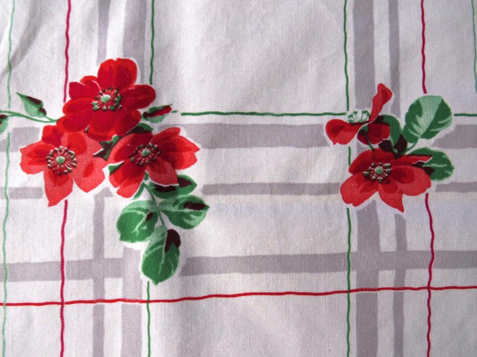 Vintage WILENDUR Tablecloth Lynbrook Red Wild Roses Gray Stripes VGC