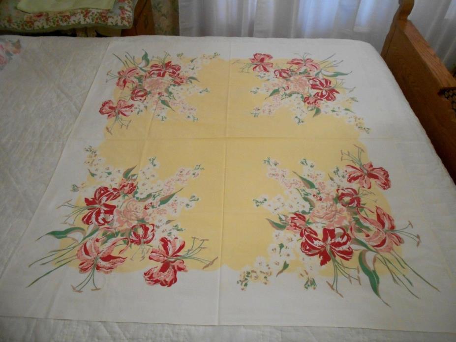 Vtg Cotton Blend Tablecloth Pink Red Roses Hibiscus Yellow White 52