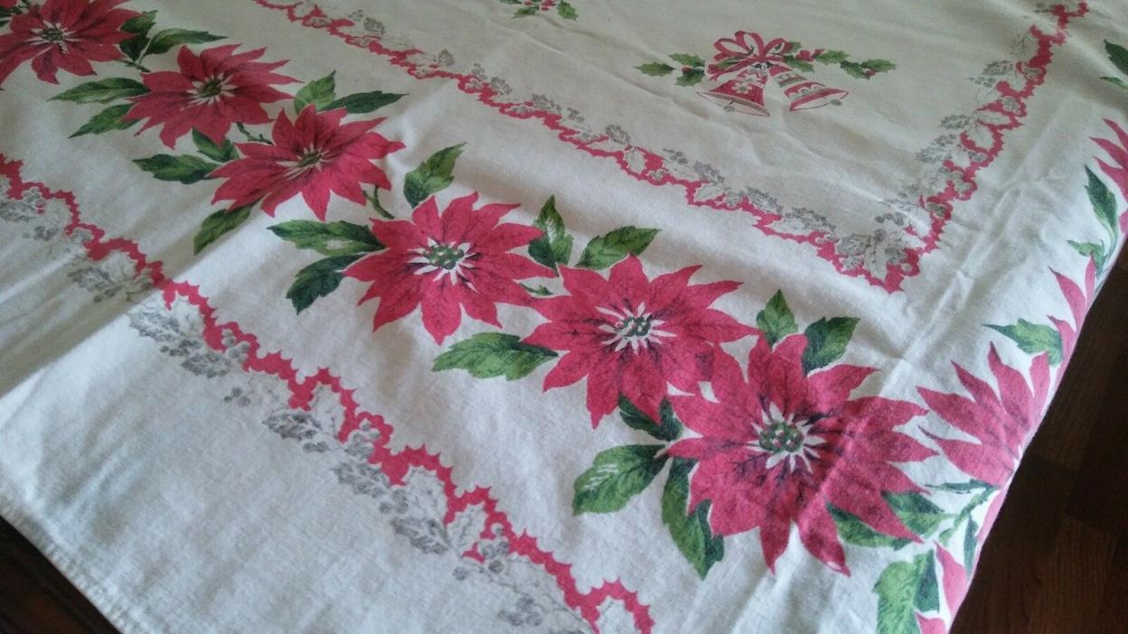 Vintage Christmas Tablecloth Poinsettias Holly 64