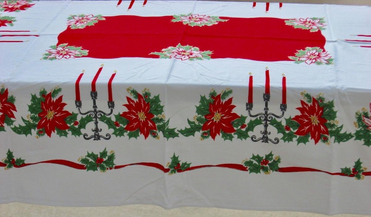 Vintage Christmas Holiday Tablecloth Candlesticks Holly Poinsettias 49
