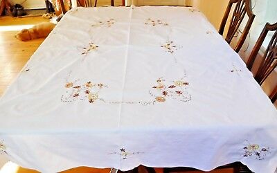 White Tablecloth Embroidered Flowers Brown Yellow 66x46