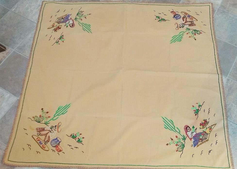 Vintage Linen Tablecloth Tabletopper Hand Embroidery Mexican Theme 34