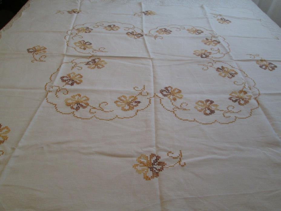 Vintage Cloth TableCloth  Linen Hand Cross Stitch Floral Gold Brown Tan Wheat