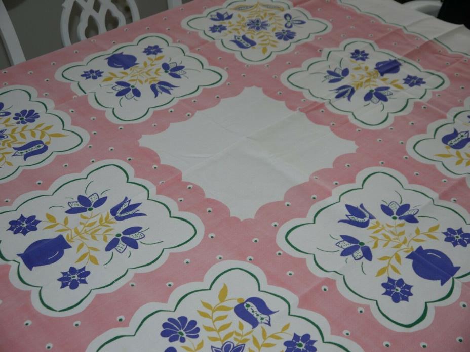 Vintage BEAUTIFUL Heavy Cotton Simtex Colorful Pink 1950 Print Tablecloth LOVE