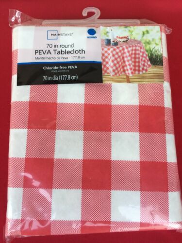 Mainstays BRAND NEW 70 inch Round Peva Table Cloth PICNIC PLAID RED & WHITE