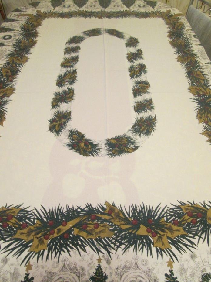 Vintage MINT Rectangle TREES  Christmas Cotton Linen Tablecloth CLEAN 47x65