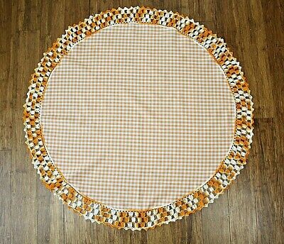 VTG Round Table Topper White / Orange Gingham Plaid Cotton Crocheted Edge ~ 32